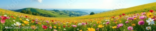 Rolling hills  carpet of blooming wildflowers  panoramic spring vista  season  meadow  panorama