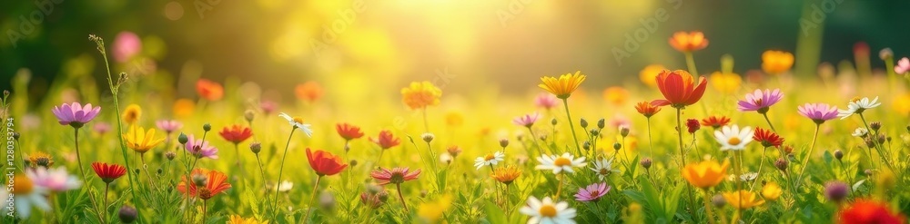 Sun-drenched meadow, vibrant wildflowers in bouquet , grass, image, green Sun-drenched meadow, vibrant wildflowers in bouquet , grass, image, green