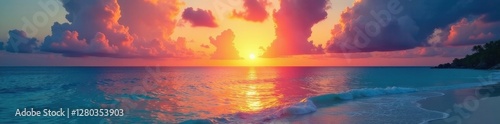 Vibrant hues paint Maldivian sunset, ocean calm , Maldives, sea, holiday