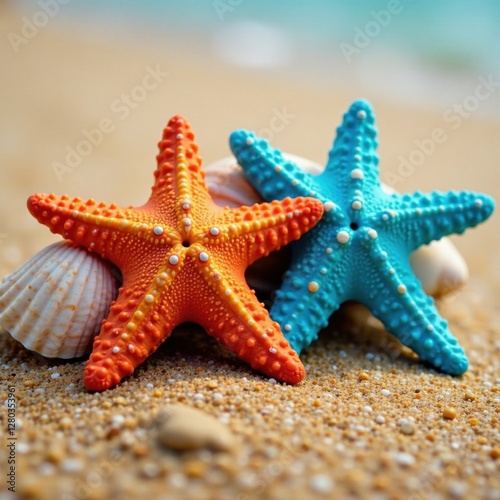 Two vibrant starfish nestled amongst seashells on sandy beach , holiday, sand, beach scene