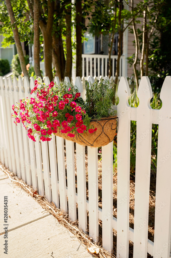 White picket fence with pink petunias in a hanging planter White picket fence with pink petunias in a hanging planter