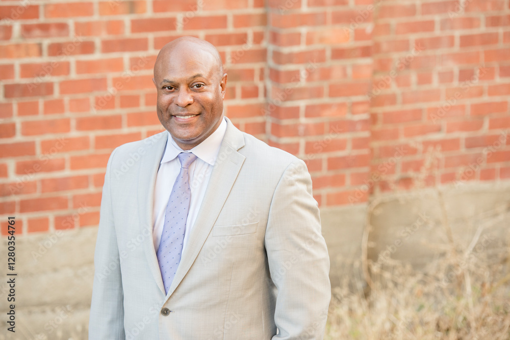 Smiling businessman in a light suit standing against a brick wall Smiling businessman in a light suit standing against a brick wall