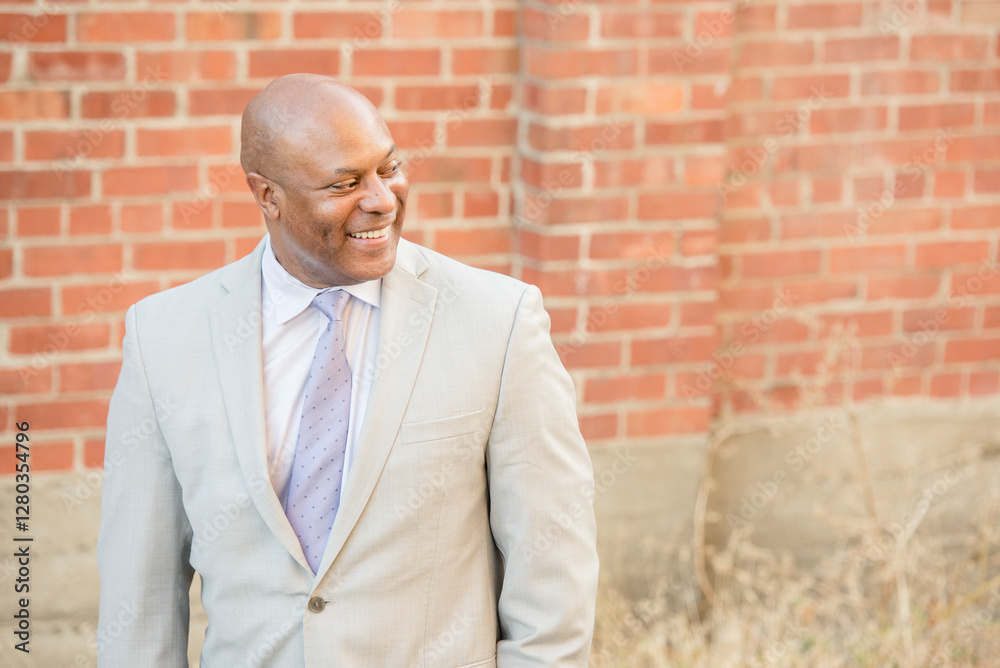 Smiling man in a light suit standing near a brick wall outdoors Smiling man in a light suit standing near a brick wall outdoors