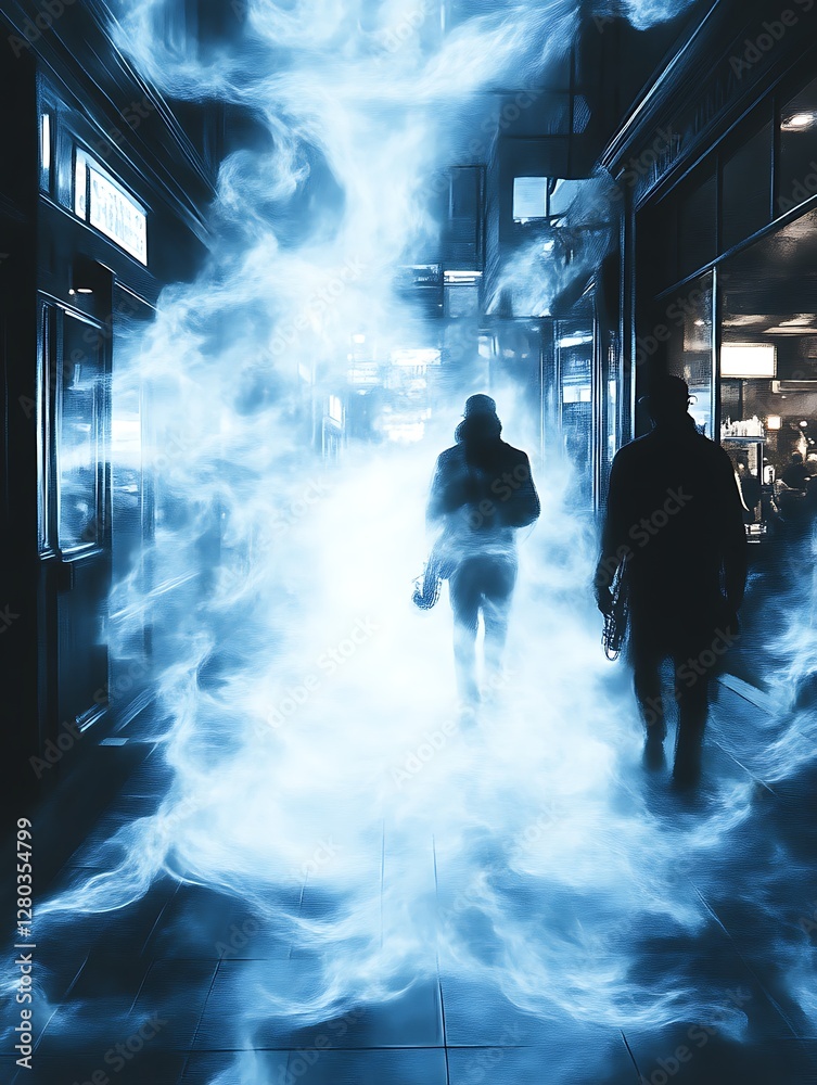 Obraz premium Mysterious Figures Walking Through Blue Foggy City Alley