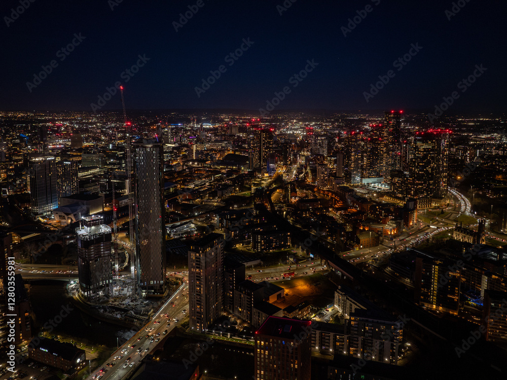 Sunset Over Manchester Cityscape and Urban Skyline Sunset Over Manchester Cityscape and Urban Skyline