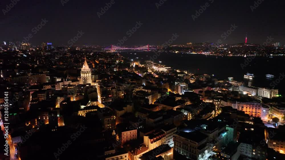 Galata Tower at night, city lights and reflections on the Bosphorus
