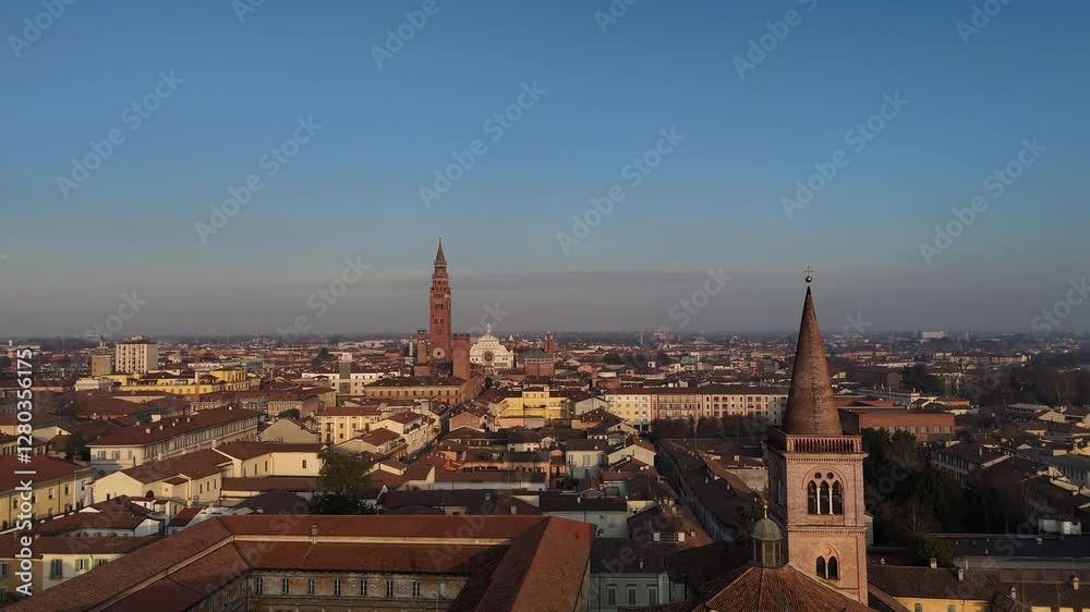 Cremona skyline with Torrazzo and St Peter tower, Italy, aerial Cremona skyline with Torrazzo and St Peter tower, Italy, aerial