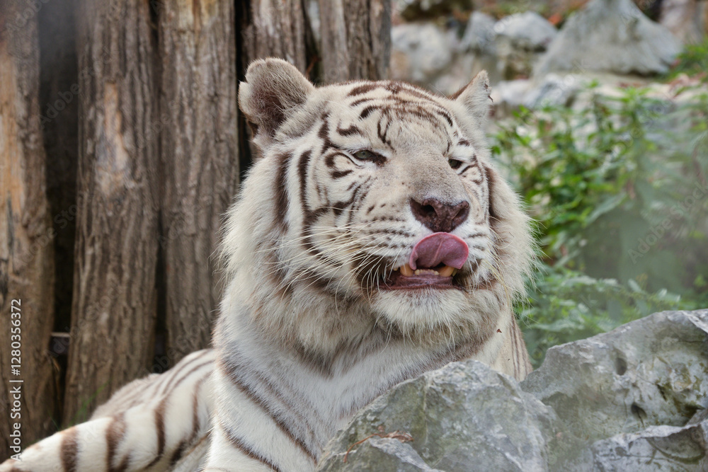 Naklejka premium Funny White Tiger Licking Its Mouth