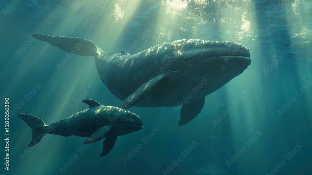 A big whale with her baby on ocean, with sunlight filtering through the water A big whale with her baby on ocean, with sunlight filtering through the water