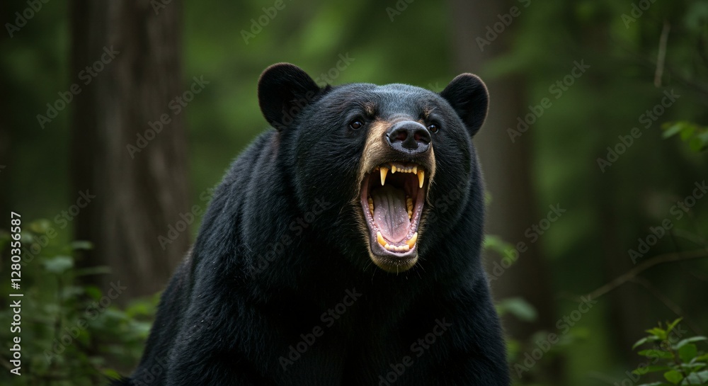 Powerful Black Bear Roaring in the Wild Showing Sharp Teeth in a Dense Forest. Powerful Black Bear Roaring in the Wild Showing Sharp Teeth in a Dense Forest.