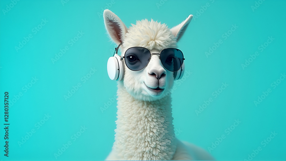 Obraz premium Serene Alpaca with White Headphones and Sunglasses Against Teal Background