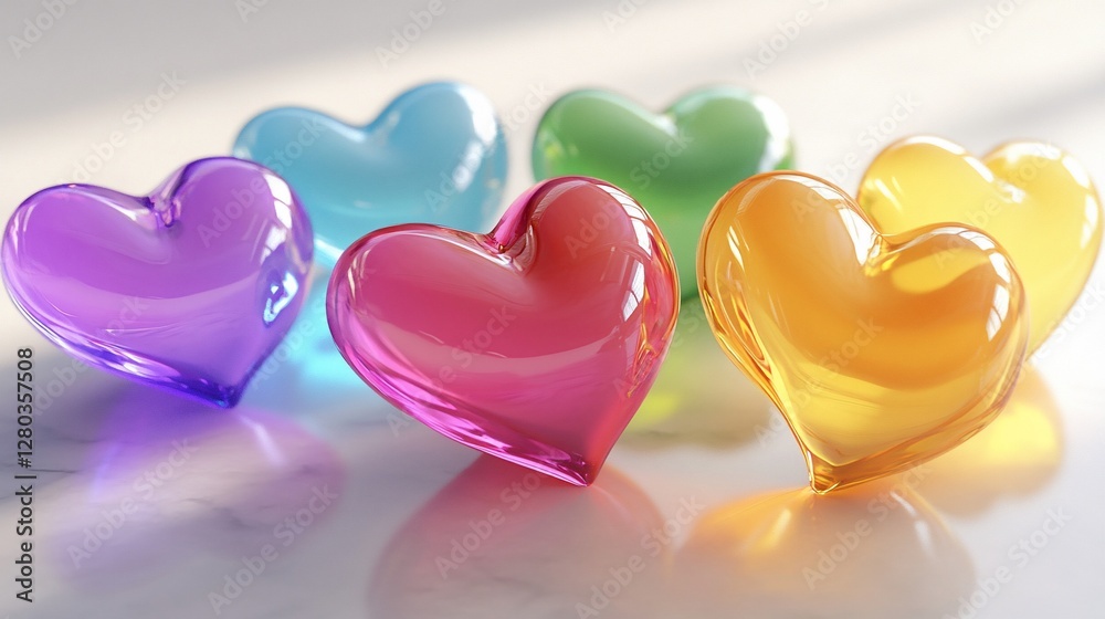 Obraz premium Colorful glass hearts on white background.