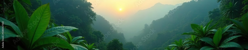 Fototapeta premium Jungle vegetation emerges from the dense fog at dawn, verdant, tropical, leaves