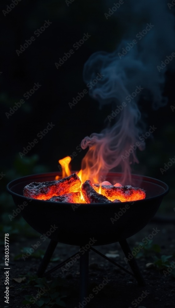 Portable hot empty BBQ grill with glowing embers, black background, black background, portable bbq