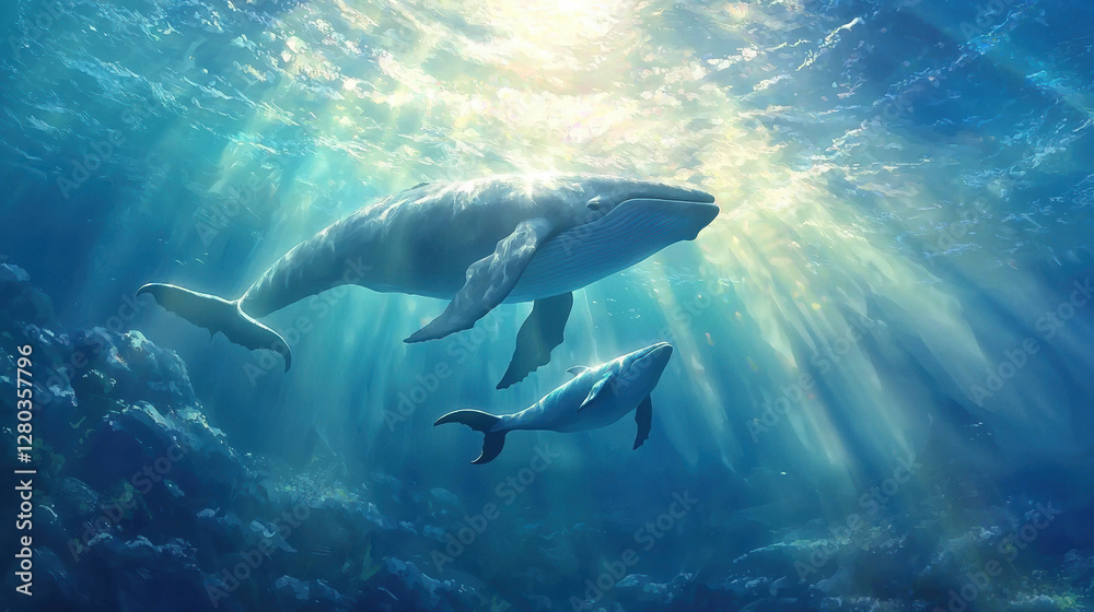 Obraz premium A big whale with her baby on ocean, with sunlight filtering through the water