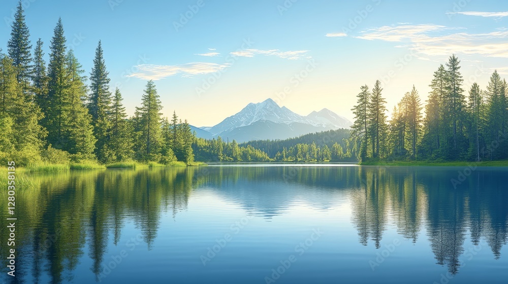Serene lake mirroring forested mountains against a tranquil sky for outdoor recreation and nature inspired themes Serene lake mirroring forested mountains against a tranquil sky for outdoor recreation and nature inspired themes