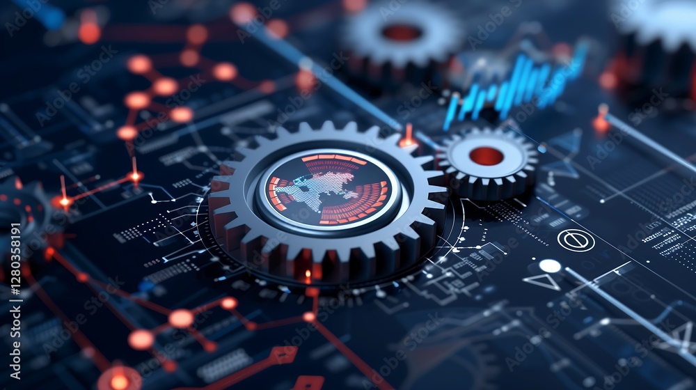 An abstract representation of RPA-driven automation in a digital business world, featuring rotating gears, interconnected data pipelines, An abstract representation of RPA-driven automation in a digital business world, featuring rotating gears, interconnected data pipelines,