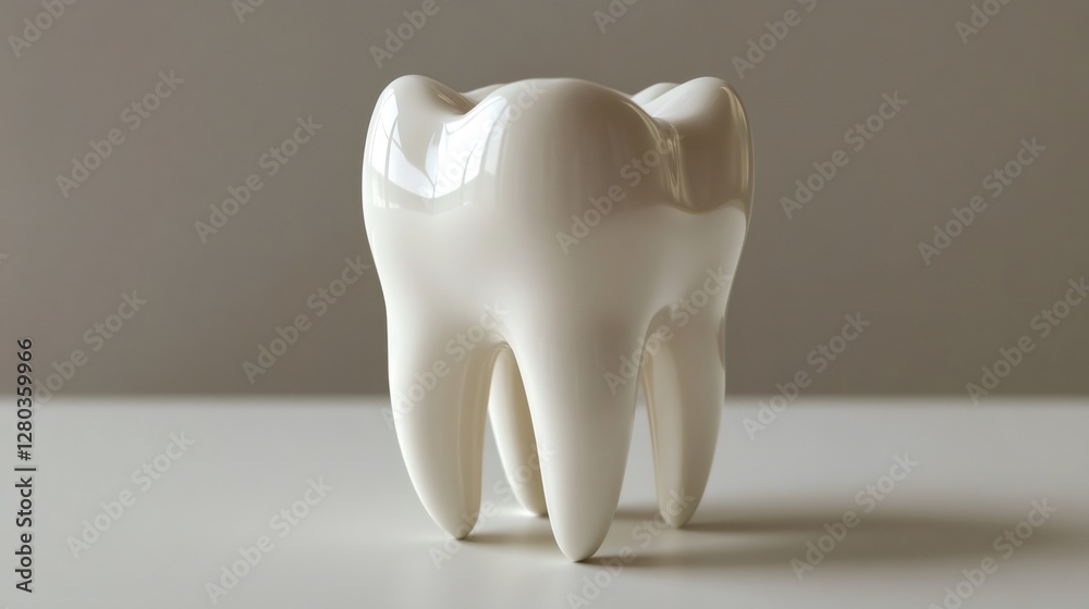 Shiny white tooth standing on white surface promoting dental health Shiny white tooth standing on white surface promoting dental health