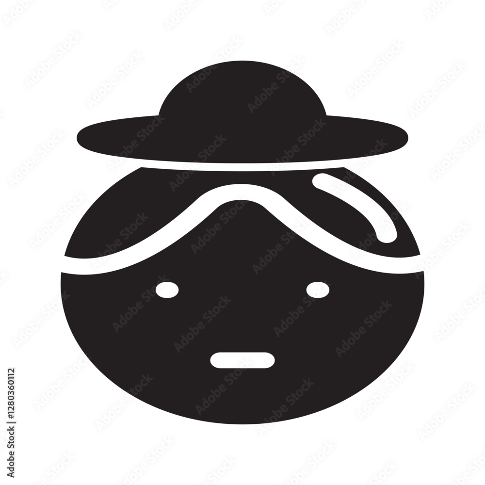 Solid icon of a surprised cowboy head emoticon, wearing a cowboy hat, great for reaction emojis and chat applications. Solid icon of a surprised cowboy head emoticon, wearing a cowboy hat, great for reaction emojis and chat applications.