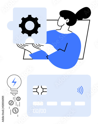Woman holding puzzle gear piece symbolizing problem-solving. Contactless payment card, lightbulb, and coins represent fintech, innovation, and ideas. Ideal for finance, technology, teamwork