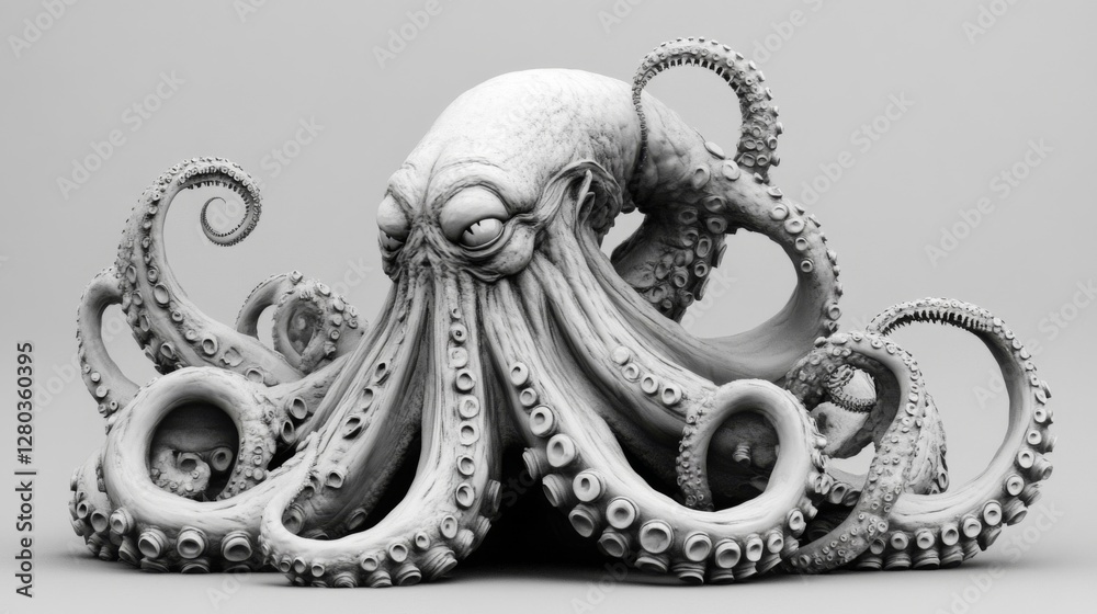 Obraz premium Detailed Monochrome 3D Render of a Powerful Octopus