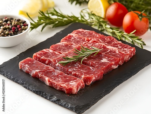 Fresh Beef Strips on Slate, Ready to Grill photo