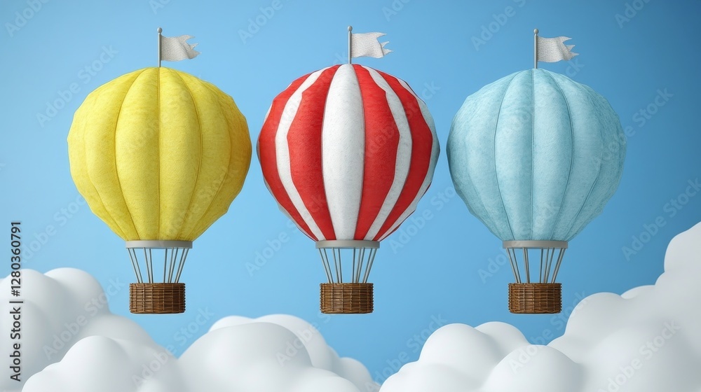 Naklejka premium Three hot air balloons floating above dreamy clouds against a blue sky adding a sense of adventure and whimsy to any project