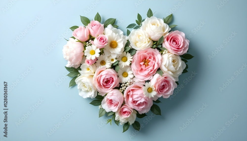 Obraz premium Floral heart arrangement, pastel pink and white roses, peonies, delicate greenery, romantic composition, light blue background