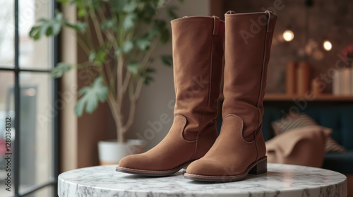 Suede women's boots on the stand of a fashion boutique in mocha mousse color, trend color 2025