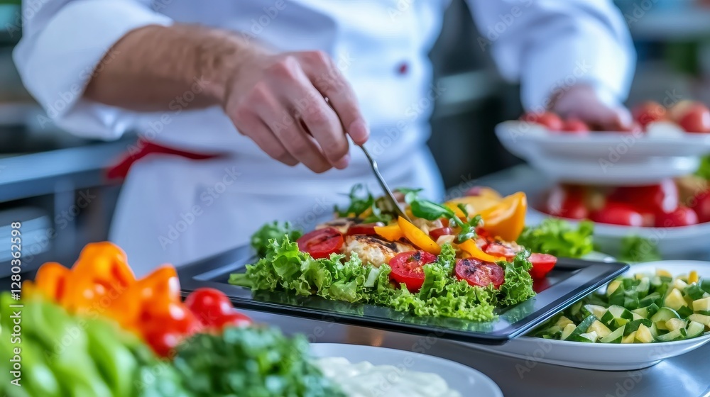 Chef Plating Grilled Fish with Colorful Vegetables in a Professional Kitchen Chef Plating Grilled Fish with Colorful Vegetables in a Professional Kitchen