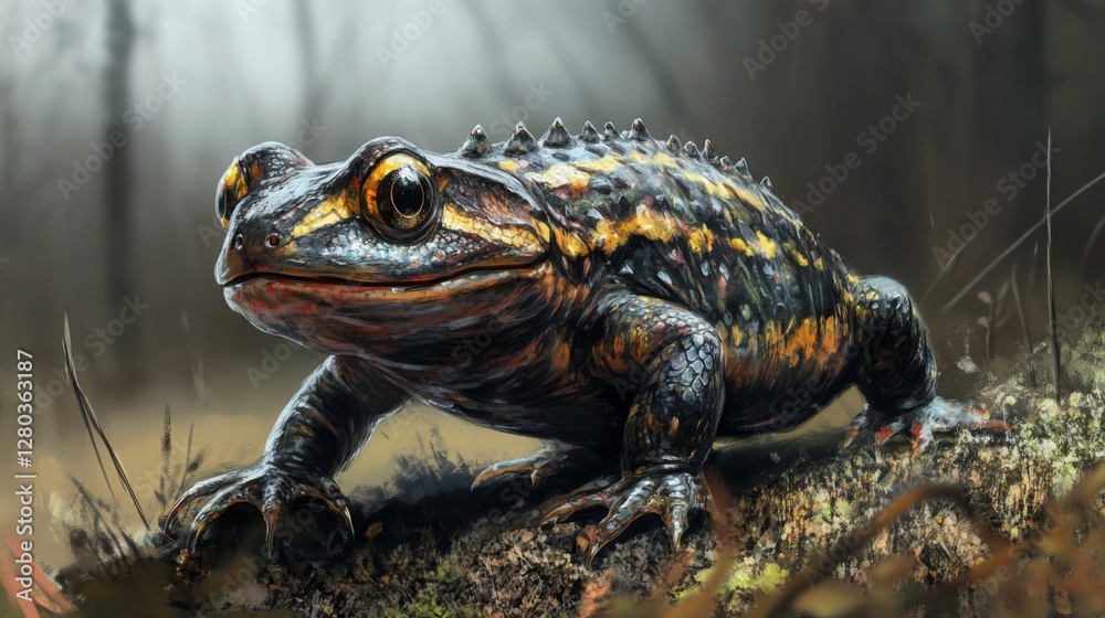 Closeup of a Dark Brown and Yellow Toad in a Forest Setting Closeup of a Dark Brown and Yellow Toad in a Forest Setting