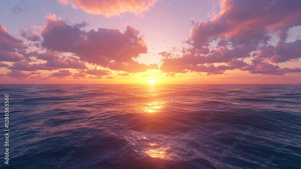 Fototapeta premium A vibrant sunset over a calm ocean with gentle waves.