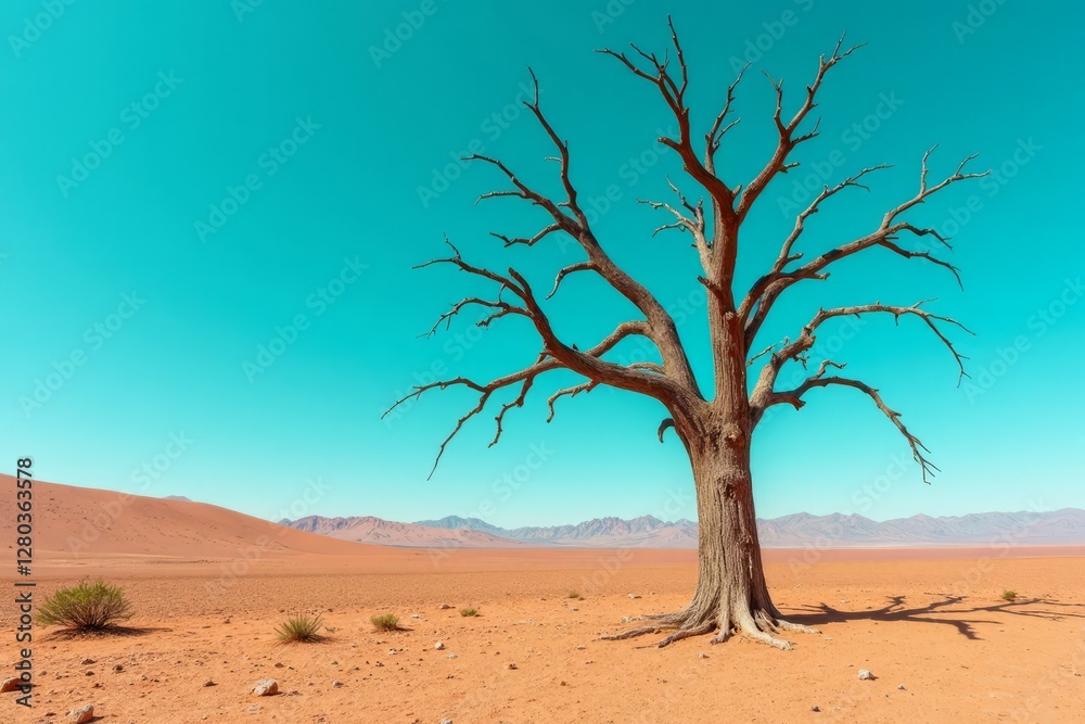 Lonely tree stands in the vast desert under a bright sky Lonely tree stands in the vast desert under a bright sky