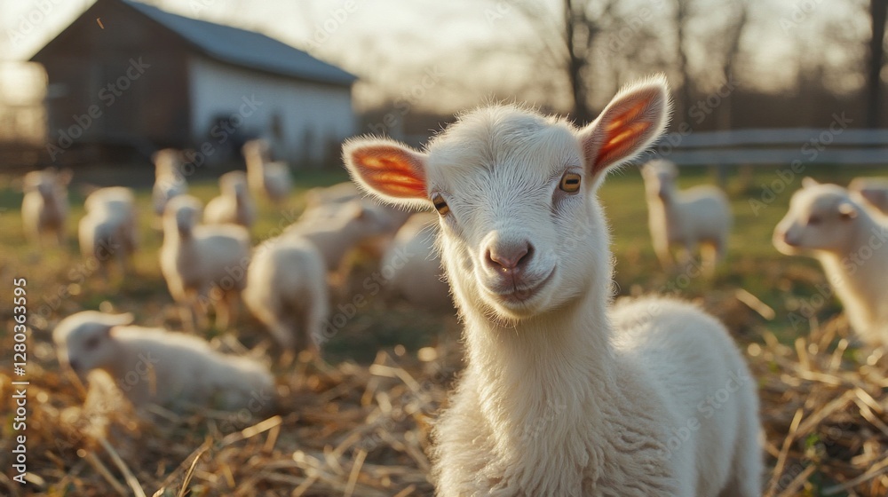 Fototapeta premium Adorable White Lamb in a Spring Pasture