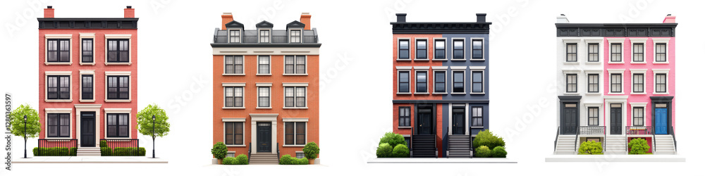 Fototapeta premium Rows of Colorful Residential Houses and Apartments with Varied Architectural Styles and Facades Lining the Streets of an Urban Neighborhood Cityscape