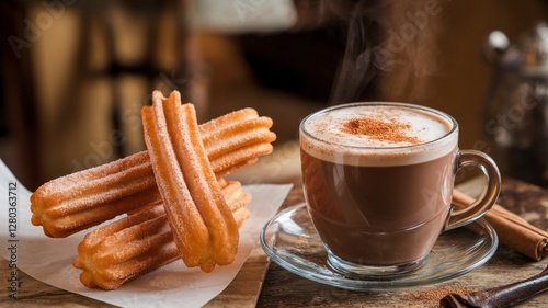 Delicious churros stacked next to a steaming cup of hot chocolate on a rustic table.