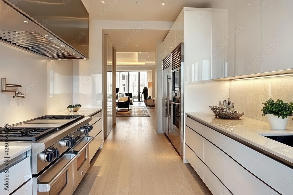 Fototapeta premium A sleek modern kitchen with built-in appliances, including a stainless steel refrigerator, oven, and minimalist white cabinetry in an elegant apartment
