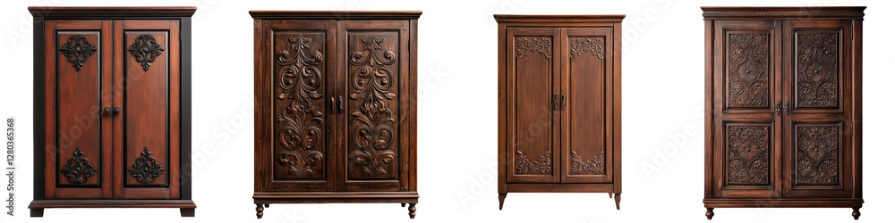 Collection of Ornately Carved Wooden Cabinets Armoires and Wardrobes Antique Vintage Furniture with Intricate Decorative Designs and Patterns for Traditional and Classic Home Bedroom Collection of Ornately Carved Wooden Cabinets Armoires and Wardrobes Antique Vintage Furniture with Intricate Decorative Designs and Patterns for Traditional and Classic Home Bedroom