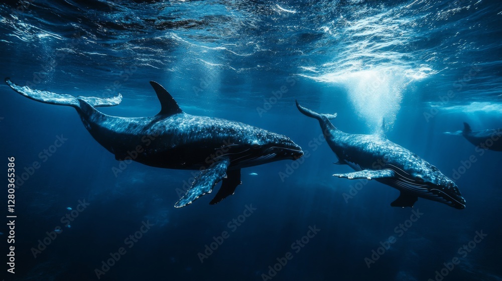 Fototapeta premium Three Whales Swimming Underwater In Dark Blue Ocean