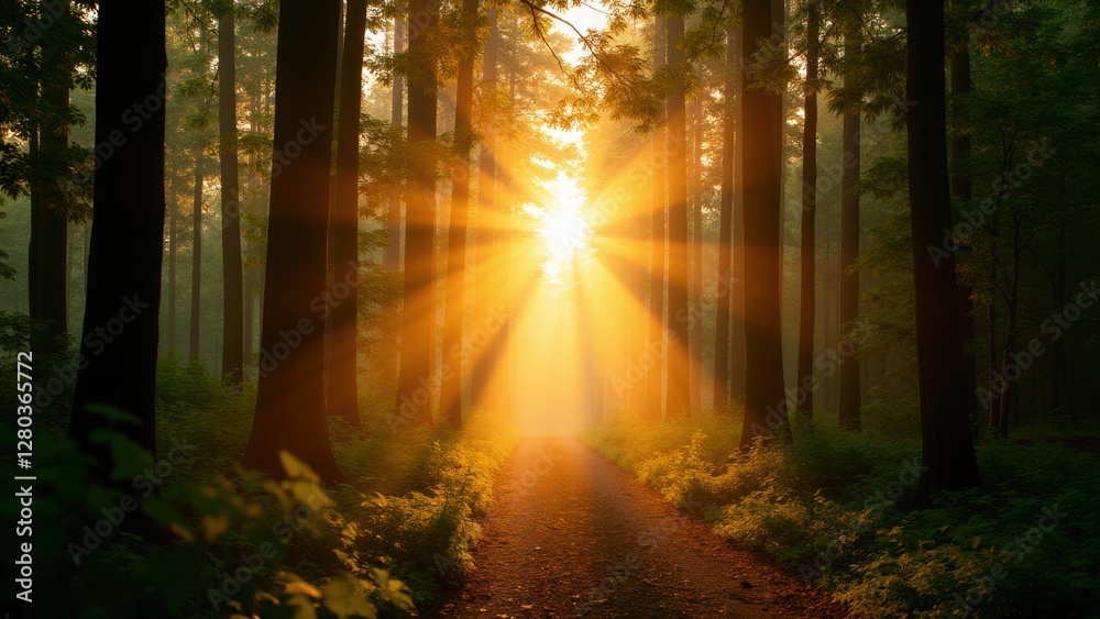 Obraz premium Sunlight streaming through a dense forest, illuminating a path with golden rays.