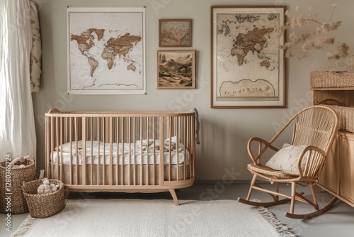 Nursery with World Maps, Beige Decor, Rocking Chair photo