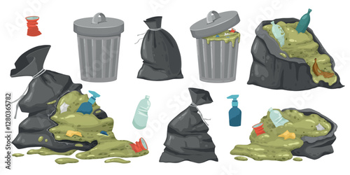 City trash bag. Rotting garbage in waste bag or street dustbins, full can bin pile rubbish accumulation dumpster overflow dump dirty food, cartoon trashcan neat vector illustration of waste garbage.