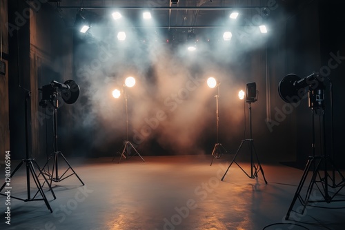 Stage illuminated with various lighting equipment under bright lights