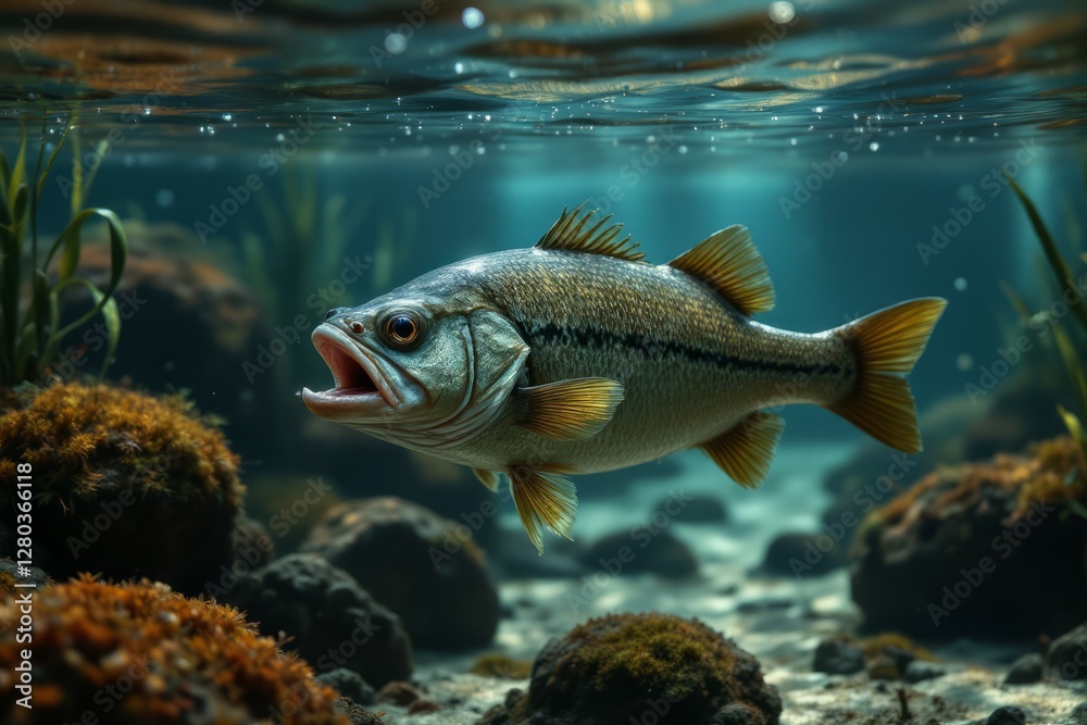 Naklejka premium A large bass fish is swimming underwater in an aquarium