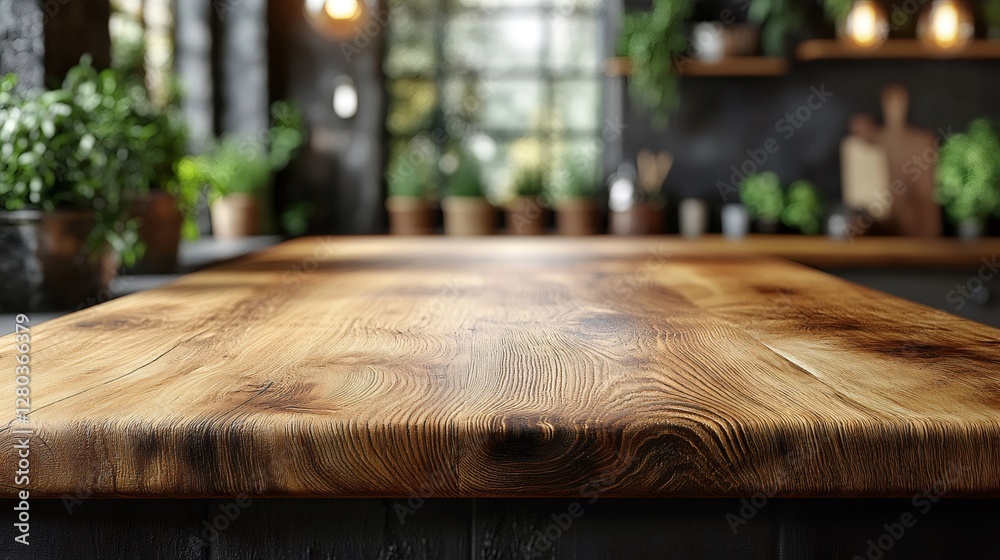 Fototapeta premium Empty wooden table in blurred modern kitchen background