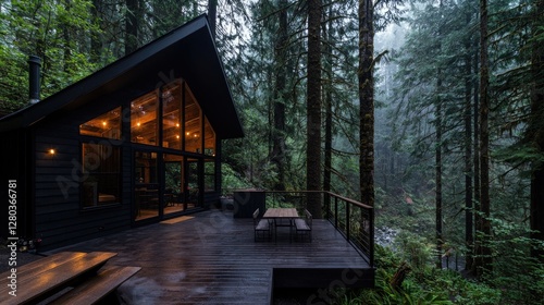 Modern cabin, rain, forest, deck, nature escape