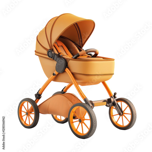 Stylish Orange Baby Stroller on transparent background. photo