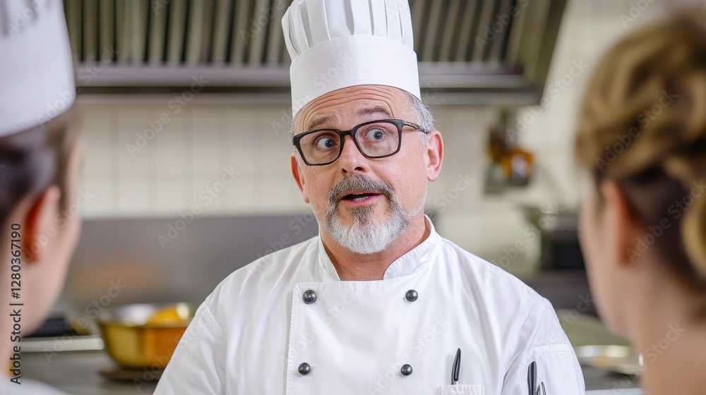 Male Chef Instructing Culinary Students in a Bright Professional Kitchen Male Chef Instructing Culinary Students in a Bright Professional Kitchen
