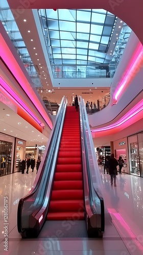 Red escalator in modern mall interior photo