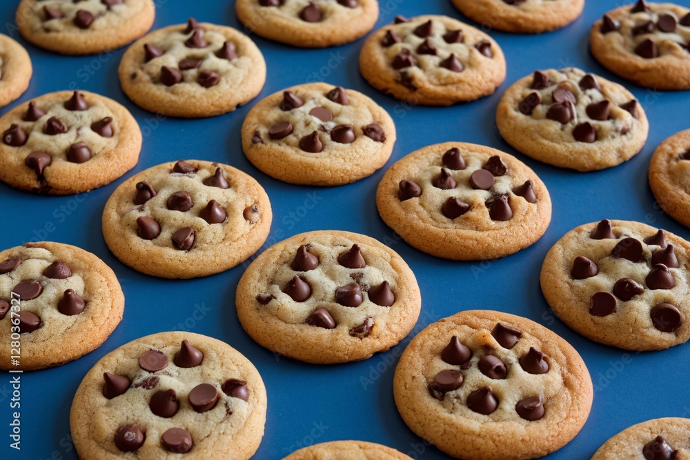 Freshly baked chocolate chip cookies arranged systematically on a blue background. Freshly baked chocolate chip cookies arranged systematically on a blue background.